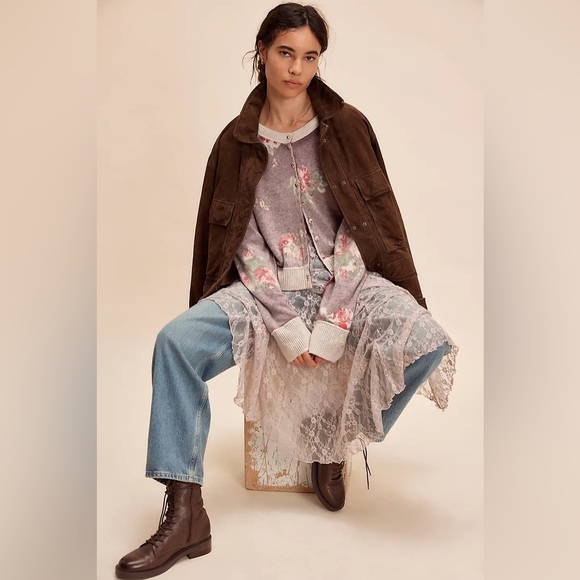 HTF Free People Patterned Cashmere Floral Cardi Malbec Combo Purple Large EUC - Picture 2 of 10